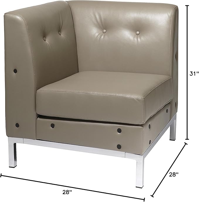 OSP Home Furnishings Wall Street Faux Leather Corner Chair with Box-Spring Cushion Button Tufted Back and Chrome Finish Base Smoke Grey