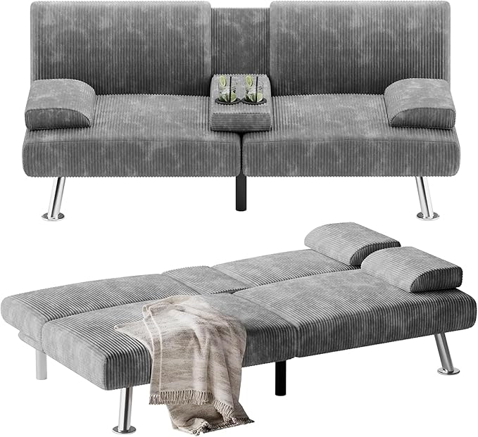 Flamaker Futon Sofa Bed Modern Folding Futon Set Convertible Recliner Lounge for Living Room with 2 Cup Holders Removable Armrests (Corduroy Marble Grey)
