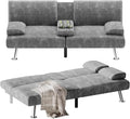 Flamaker Futon Sofa Bed Modern Folding Futon Set Convertible Recliner Lounge for Living Room with 2 Cup Holders Removable Armrests (Corduroy Marble Grey)