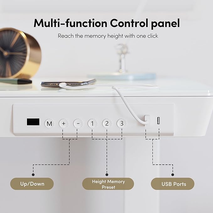 BANTI Electric Standing Desk with Drawers 55 inch Whole-Piece Glass Desktop Height Adjustable Stand up Sit Stand Home Office Ergonomic Workstation White Tabletop
