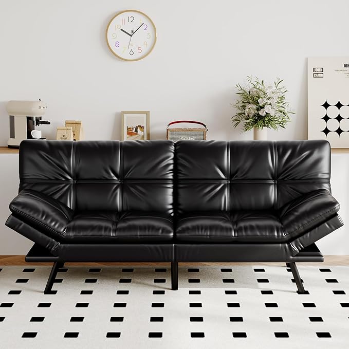 Futon Sofa Bed Convertible Couch Black Faux Leather Sofa Bed with Memory Foam Adjustable Backrest &amp Armrests Multifunctional Small Loveseat Sleeper Sofa for Living Room Apartment Office