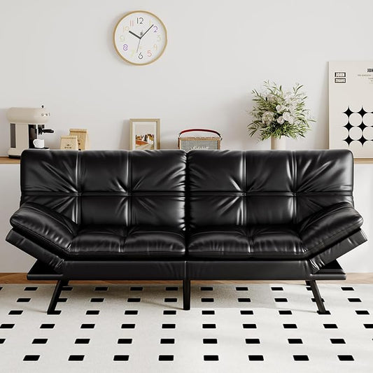 Futon Sofa Bed Convertible Couch Black Faux Leather Sofa Bed with Memory Foam Adjustable Backrest &amp Armrests Multifunctional Small Loveseat Sleeper Sofa for Living Room Apartment Office