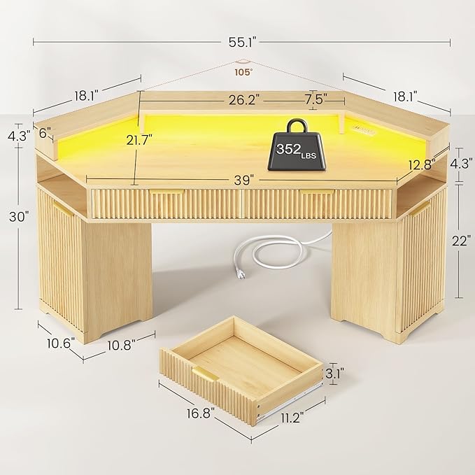 SEDETA Computer Desk with 2 Drawers Small Diamond Office Desk with Storage Cabinet for Small Space Gaming Desk with LED Lights &amp Power Strip for Home Office Oak
