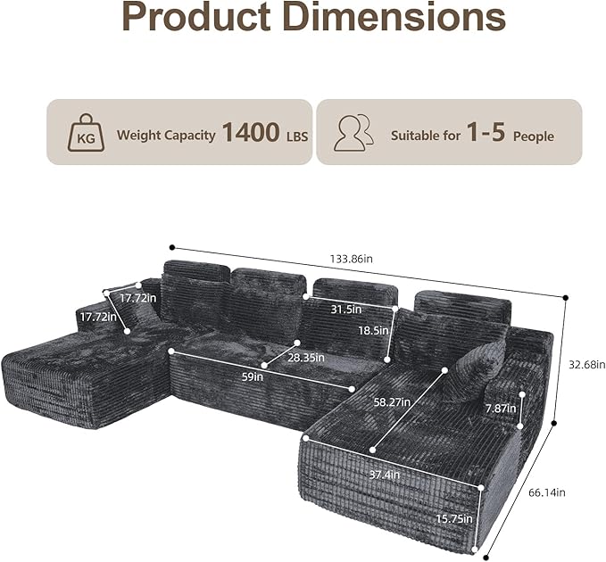 134 U-Shape Oversized Cloud Boneless Sofa Couch with Chaise Modern Modular Sectional Comfy U-Shape Cloud Couch Deep Seat No Assembly Required (Grey) | Boneless Sofa Ergonomic Design
