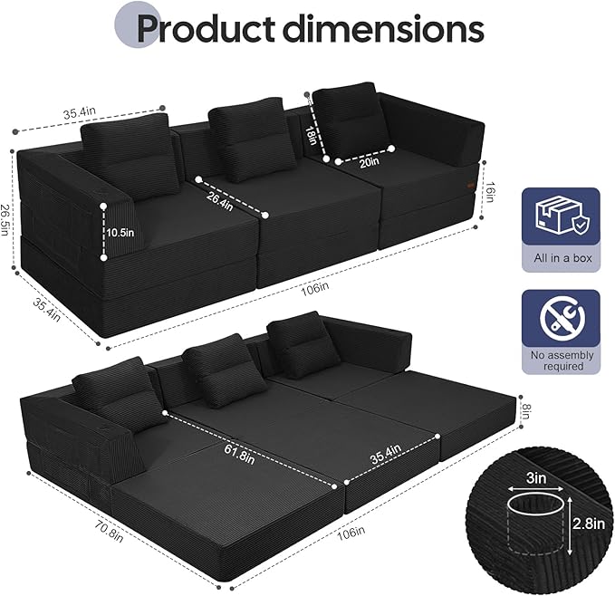 COMAX Futon Sofa Bed 3 Seater 106 Convertible Sofa Bed Couches for Living Room 4 in 1 Folding Boneless Sleeper Corduroy Couch Foam in a Box Comfy Foldable Lounge Fold Out Floor Mattress Black