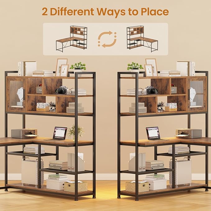 SEDETA L Shaped Computer Desk 58'' Office Desk with LED Light and Bookshelf L Shaped Corner Desk with Storage Shelves for Home Office Gaming Desk L Desk Rustic Brown