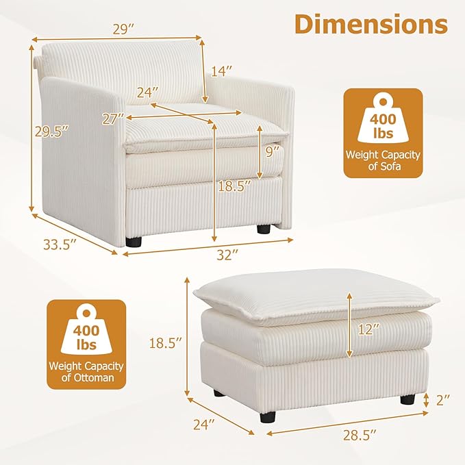 KOMFOTT Oversized Accent Chair with Ottoman Comfy Corduroy Single Sofa Couch w/Soft Cushions &amp Deep Seat Large Upholstered Armchair Reading Chair for Living Room Bedroom Apartment (Beige)
