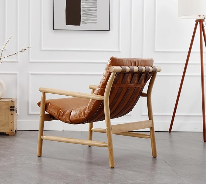 Faux Leather Accent Chair Mid Century Modern Living Room Chairs Comfy Arm Chair with Solid Wood Frame Upholstered Lounge Reading Chair Cozy Recliner for Guest Room/Bedroom Brown 7533AC