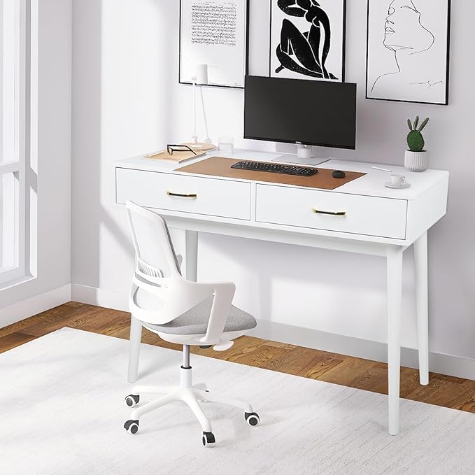 Small White Desk with 2 Drawers Modern Writing Desk for Small Spaces Home Office Desk for Study Laptop Computer Desk for Work Makeup Vanity Table for Bedroom (White)