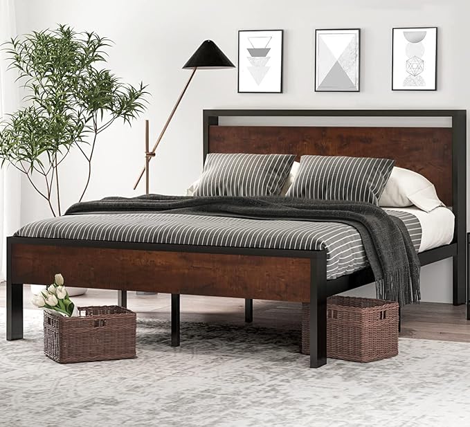SHA CERLIN 14 Inch Queen Size Metal Platform Bed Frame with Wooden Headboard and Footboard Mattress Foundation No Box Spring Needed Large Under Bed Storage Non-Slip Without Noise Mahogany