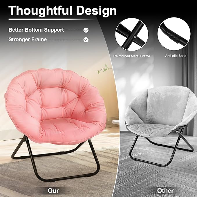 Folding Saucer Chairs for Living Room Circle Chairs with Faux Fur Moon Saucer Chairs for Adults Dorm Reading (Pink)