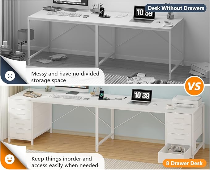 TVU 95 2 Person Desk with 8 Drawers Double Desk for Two People Home Office Desks with Outlets Long Desks Workstation Drawer Organizers with 8 Fabric Drawers White