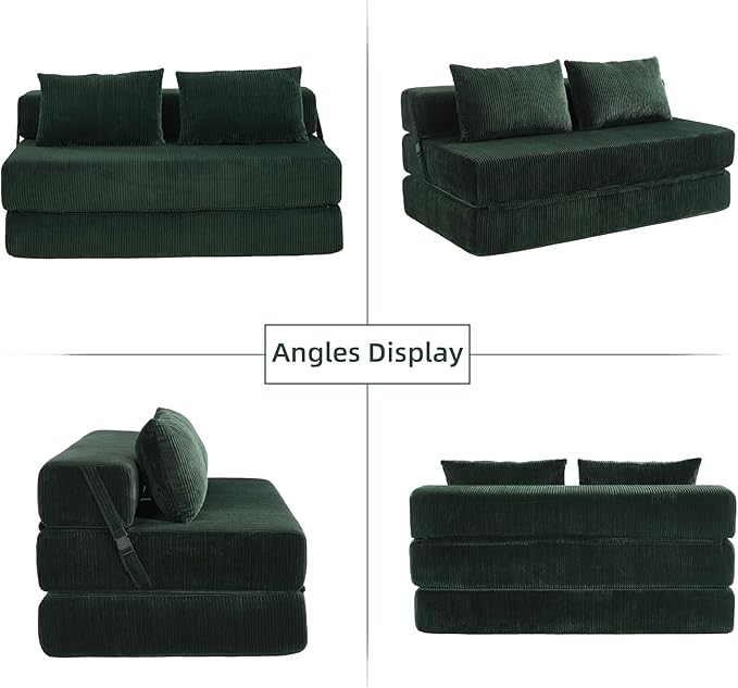 GNIXUU Fold Out Couch 3-in-1 Convertible Futon Sofa Bed with 2 Pillows Corduroy Foldable Floor Chair Boneless Loveseat Couches for Living Room Bedroom Small Spaces Green