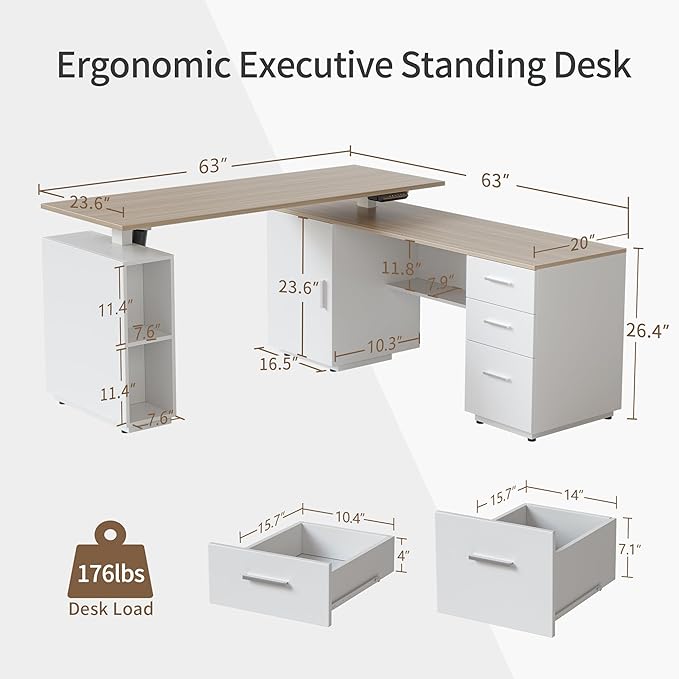 FEZIBO L Shaped Executive Standing Desk with File Cabinet &amp Shelves Electric Height Adjustable &amp Shape Reversible Light Walnut