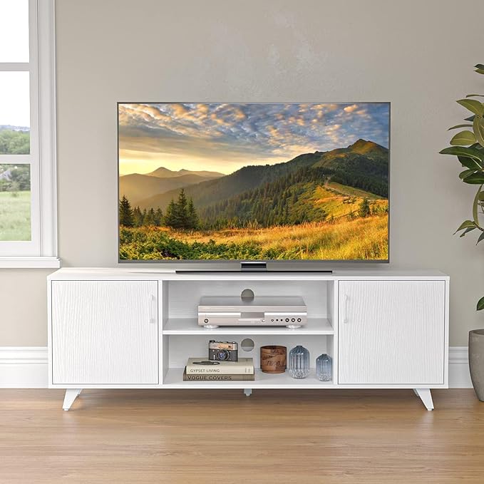 Panana TV Stand Entertainment Center with 2 Doors and 2 Cubby Storages Cabinets for up to 65 inch for Living Room Bedroom (White 53.5 inch)