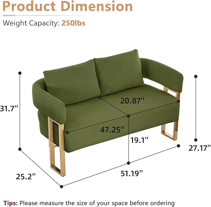 51 Comfy Loveset Sofa Green Small Teddy Love Seat Sofa Bedroom Mini Couch Living Room Side Chair with Gold Metal Legs for Dressing Area Reception Room Office (Green)