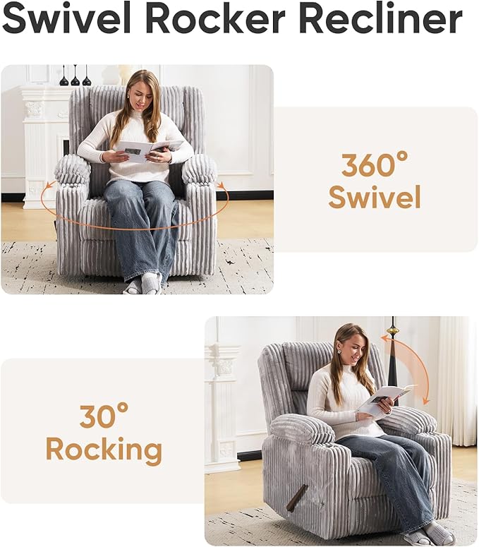 Oversized Manual Recliner Chair with Arm StorageSwivel Rocker Recliner Chair for Adults with Adjustable HeadrestNursery Glider Recliner with Phone Stand and Side Pockets for Living RoomLight Grey