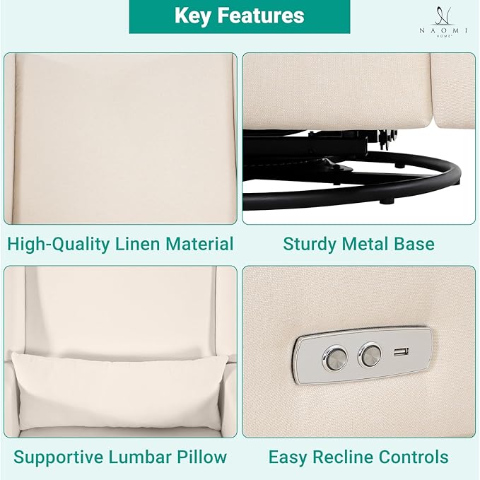 Naomi Home Tanya Luxury Motion Recliner Chair Cream – Plush Upholstered Glider Rocker with USB Charging Swivel and Lumbar Support for Nursery Comfort 275 lbs Capacity
