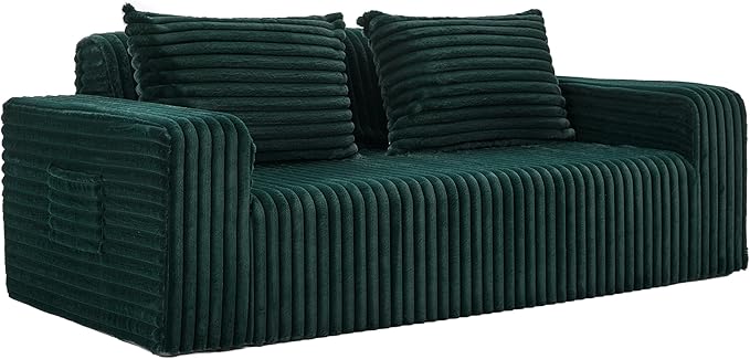 Boneless Couch Sofa 2-Seater Foam Sofa Love Seat Furry with 2 Pillows &amp 2 Side Pockets for Living Room (Green)