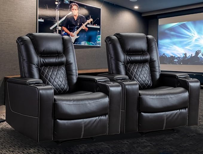 CANMOV Electric Power Recliner Chair Set of 2 Breathable Leather Home Theater Seating with Hidden Arm Storage Power Recliner Chair for Living Room with USB Ports and Cup HoldersBlack
