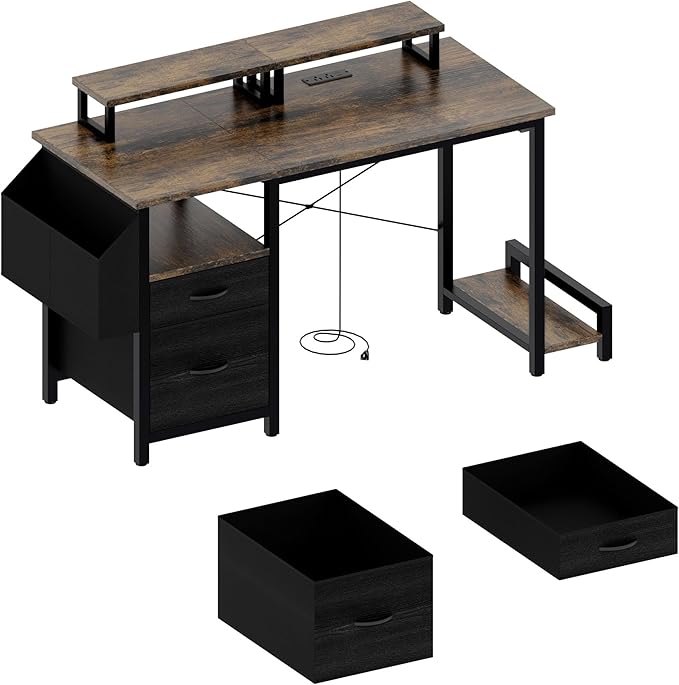 Home Office Desk with Side Pocket and Drawers Modern Computer Desk for Small Space Bedroom 47 Inch Gaming Desk with Power Outlet &amp 2 Movable Monitor Shelves (Rustic Brown)
