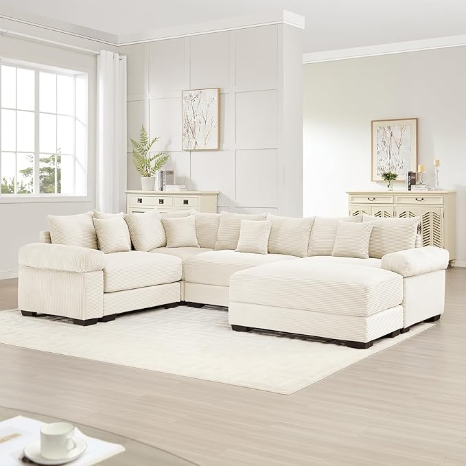 117 Corduroy Sectional Couches for Living Room Beige Comfortable Oversized Sectional Sofa Set with Deep Seat Large 3 Seater Corner Couch with 1 Ottoman Sofas para Sala L Shaped Couch Set