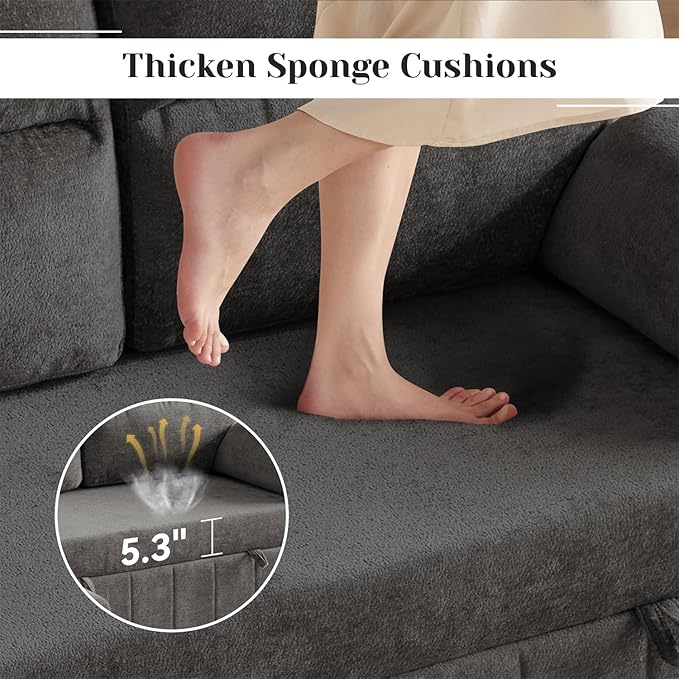 Tbfit 84’’ Queen Sleeper Sofa Couch with Pullout Bed 3 in 1 Cloud Sofa Bed Couch with Storage Chaise &amp USB Chenille Convertible Sleeper Sofa Pull Out Sofas for Living Room Small Spaces Dark G