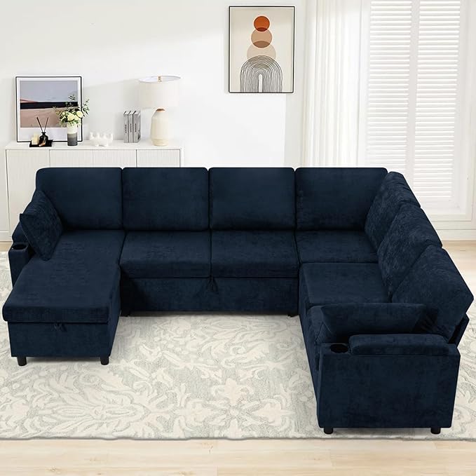 110” Chenille Reversible Sectional Sofa w/Pull Out Bed &amp Storage Chaise U Shaped Couch w/Storage Armrests &amp Cup HoldersCorner Sofa w/USB Charging Port &amp Throw Pillow for Living Room Blu