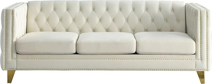 KEIKI Tufted Velvet 3+2 Seat Sofa Couch for Living Room Buttons Tufted Square Arm Couch for Home Apartment Beige