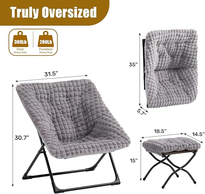 HollyHOME X-Large Saucer Chair with Foldable Ottoman Comfy Oversized Folding Chair and Folding Footrest Stool Set Faux-Fur Reading Chair and Footstool for Living Room Blue&ampGrey Chair&ampStool