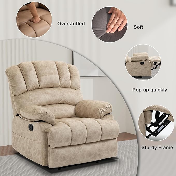 Large Lazy Recliner Chair for Adult Comfortable Manual Single Recliner Sofa Oversized Reclining Chair Upholstered Soft Fabric Living Room Recliner Sofa Chair for Living Room Bedroom (Beige)