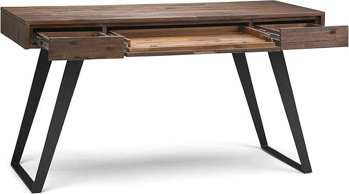 SIMPLIHOME Lowry Desk - 54 Inch Wide Solid Acacia Wood and Metal Writing Desk in Rustic Natural Aged Brown Modern Industrial Home Office Computer Table with 2 Drawers and Flip-Down Keyboard Tray