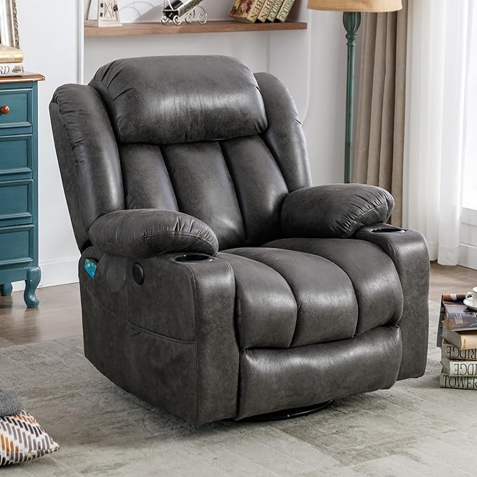 Manual Swivel Glider Rocker Recliner Chair with Heated Massage 360° Swivel Overstuffed Reclining Chair with 2 Cup Holders Side Pockets &amp USB Ports for Living Room Gray