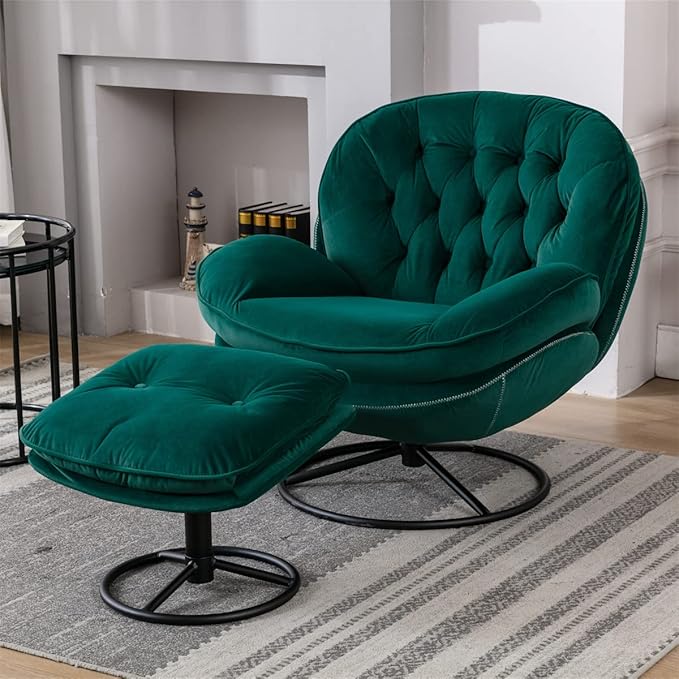 Velvet Swivel Accent Chair with Ottoman Set Modern Lounge Chair with Footrest Comfy Armchair with 360 Degree Swiveling for Living Room Bedroom Reading Room Home Office Metal Base Frame Red