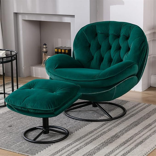 Velvet Swivel Accent Chair with Ottoman Set Modern Lounge Chair with Footrest Comfy Armchair with 360 Degree Swiveling for Living Room Bedroom Reading Room Home Office Metal Base Frame Red