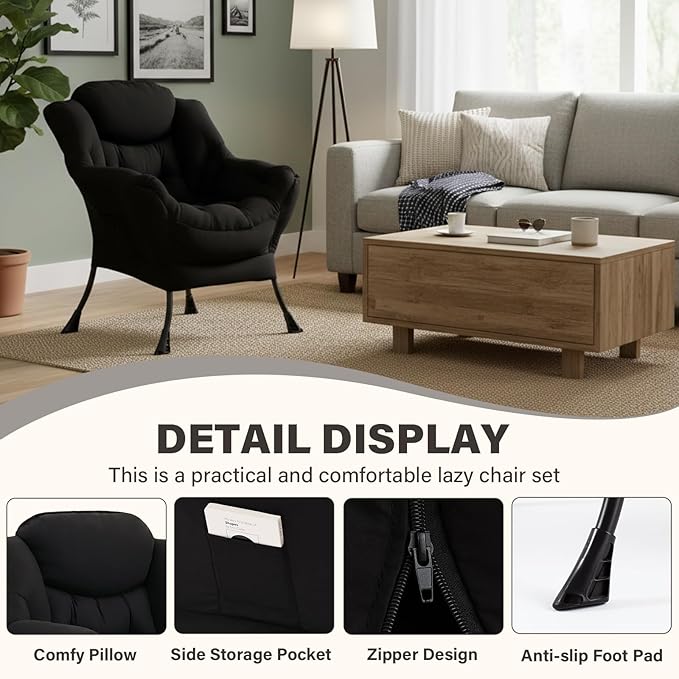 Lazy Chair Modern Soft Reading Chair Accent Contemporary Sofa Chair with Armrests and a Side Pocket for Bedroom Dorm &amp Office Black