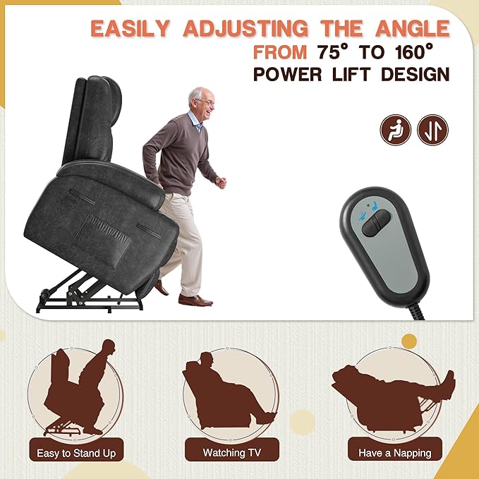 Electric Power Lift Recliner Chair with Massage for Elderly Corduroy Fabric Recliner Single Sofa with Cup Holders Side Pockets and Remote Control for Living Room Bedroom (Leathaire Dark Gray)