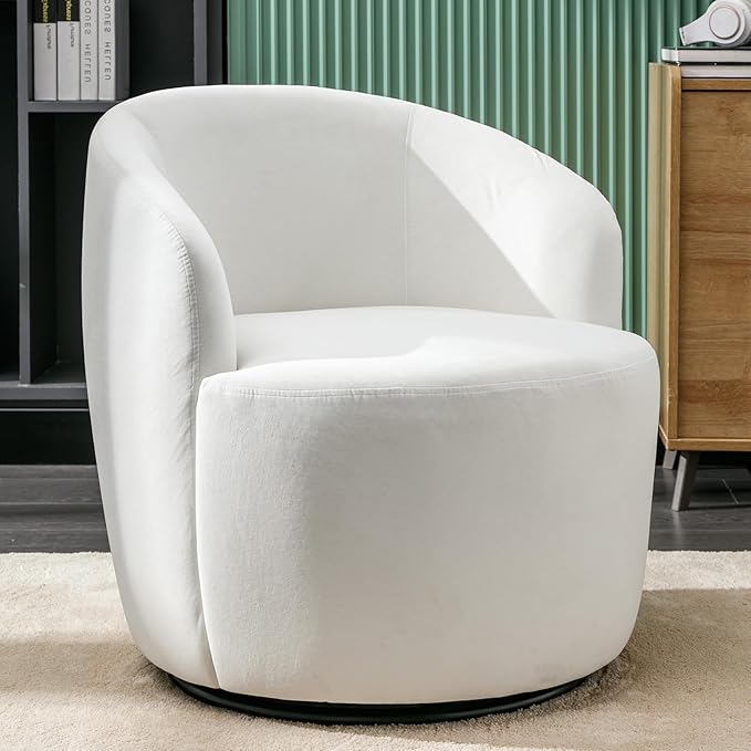 FOXHUNTER Swivel Barrel Chair 360° Small Single Sofa Armchair Comfy Round Sofa Chair Boucle Chairs Padded Armchair Modern Round Accent Arm Chairs for Living Room Bedroom Velvet White