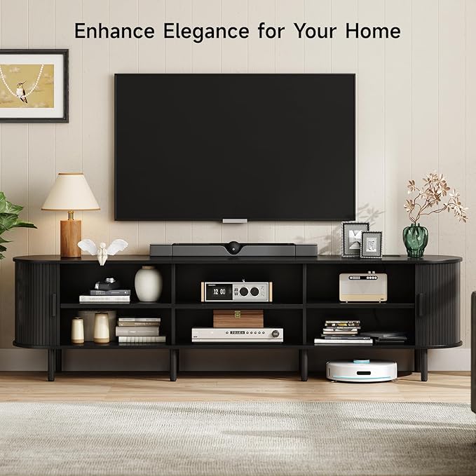 ONBRILL 86.6 TV Stand with Power Outlet for TVs up to 90 Inch Entertainment Center with Storage and Adjustable Shelves Modern Media Console with Sliding Doors for Living Room Black