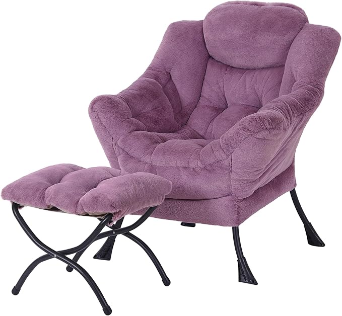 Lazy Chair with Ottoman Modern Accent Lounge Armchair with Side Pocket &amp Foldable Footstool Leisure Reading Chair for Living Room Bedroom Dorm &amp Office Plush Purple
