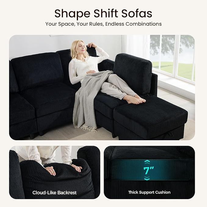 KKL Modular Sectional Sofa Bed with Storage Ottoman Convertible L/U-Shaped Sleeper Couch for Living Room Modern Reversible Design Black