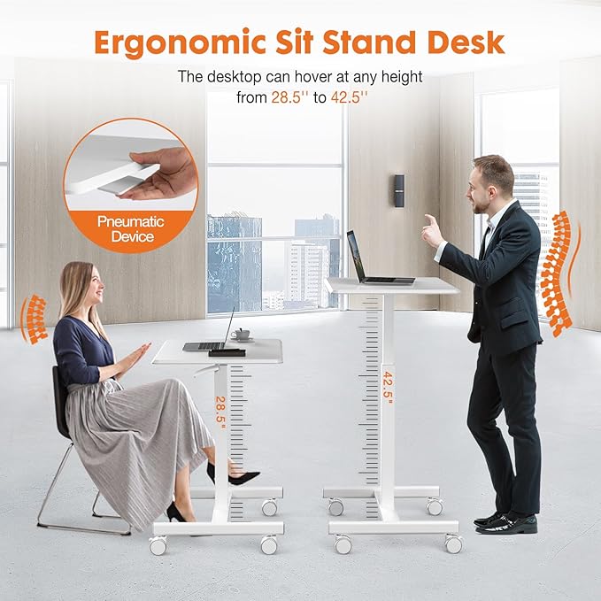 Sweetcrispy Small Mobile Rolling Standing Desk - Overbed Table Mobile Portable Rolling Laptop PC Table with Locking Wheels Adjustable Height Computer Workstation for Home Office 19 InchWhite
