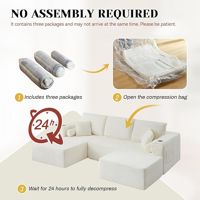 107 U Shaped Boneless Couch with Ottoman Cloud Modular Sectional Sofa with Cup Holders and Pillows Corduroy Upholstered Couches for Living Room Couch with Chaise No Assembly Cream | Modular Desig