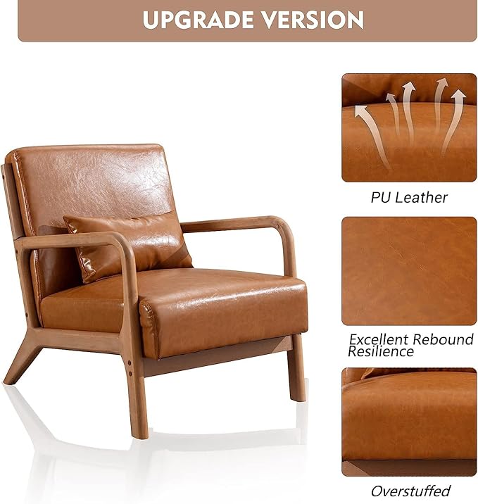 ANJ Mid Century Modern Accent Chair PU Leather Reading Chair with Solid Wood Frame Easy Assembly Armchair for Living Room