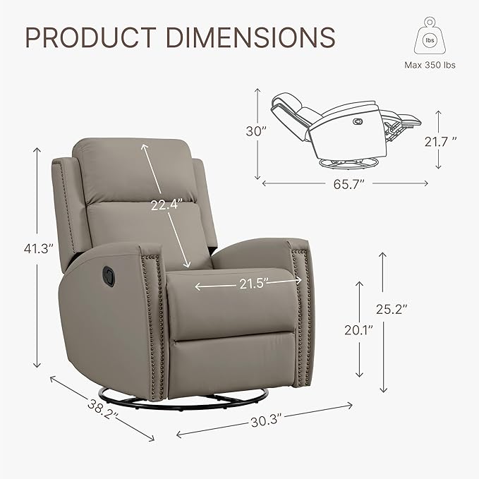Recliner Chair Leather Swivel Rocker Reclining Sofa for Adults Manual Single Sofa with Rivet Decoration for Living Room Bedroom
