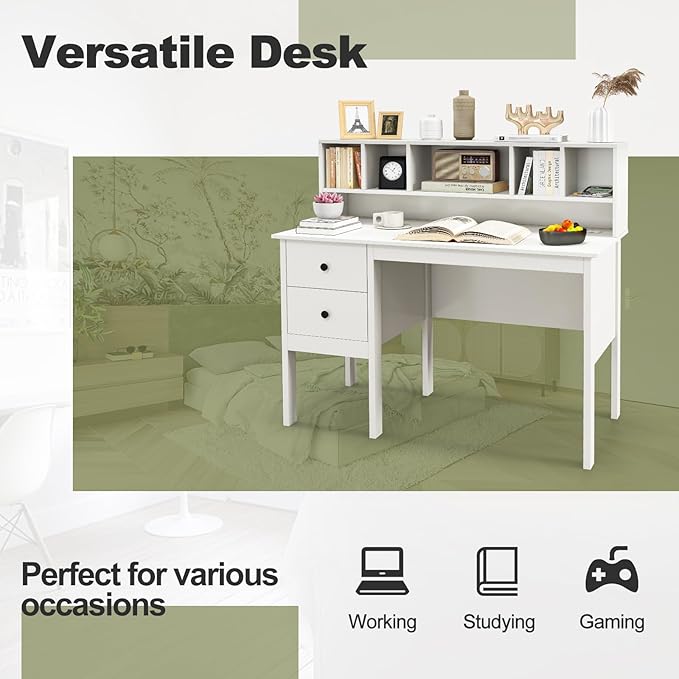 Desk with Hutch &amp Charging Station Home Office Desks with 5-Cubby Hutch 2 DrawersUSB Charging Ports &amp Power Outlets Student Desk Study Table (White)