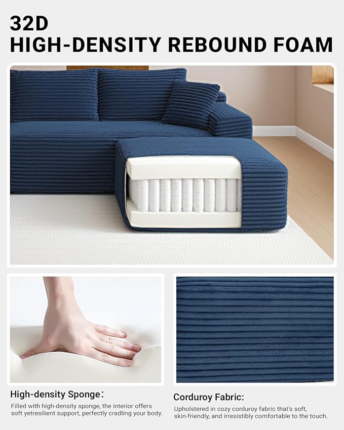 132 Modular Sectional Sleeper Sofa Boneless Cloud Couch for Living Room U Shaped 5 Seat Sofa with 2 Cup Holders Free Combination No Assembly Required (Blue)