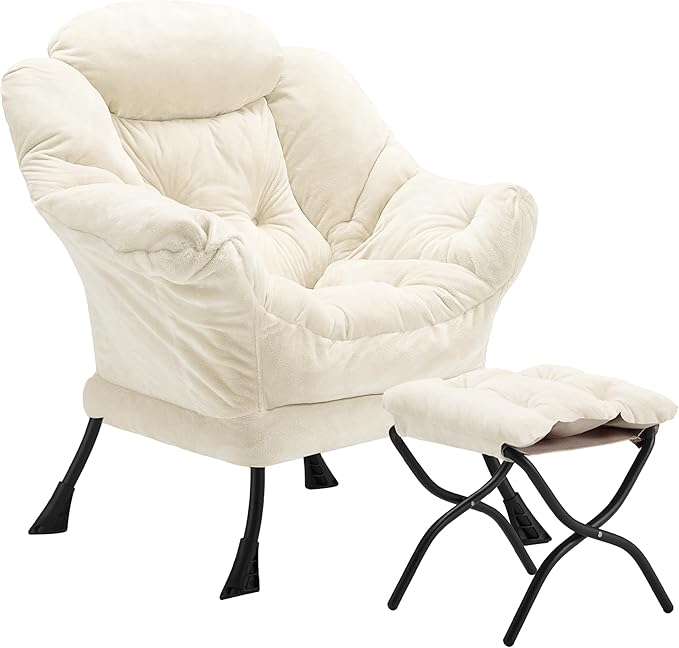 Lazy Chair with Folding Ottoman Accent Chair Plush Upholstered with Metal Structure and Non-Slip Pads Sofa Armchair with Footrest and Side Storage Bag for Dorm Room Office Beige