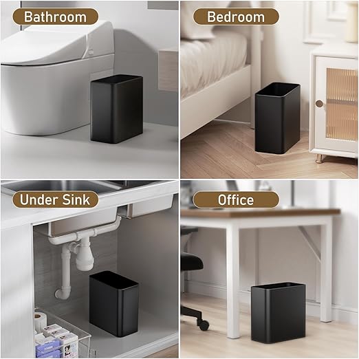 Small Bathroom Trash Can 2.4 Gallon Wastebasket Slim Metal Garbage Can Matte Black Stainless Steel Trash Bin for BedroomOfficeKitchenToilet rv Near Desk Under Sink