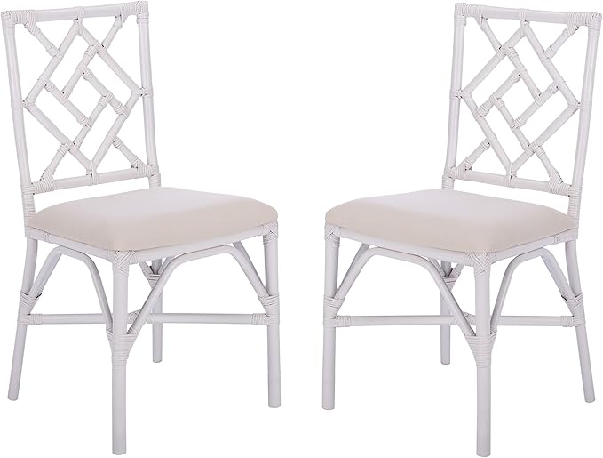 Safavieh Home Bhumi Coastal White Rattan Accent Chair with Cushion (Set of 2)